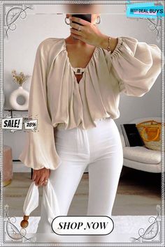 Plain V Neck Long Sleeve Elegant Top Tops Online Shopping, Fashion Black And White, Neutral Outfits, Plain Tops, Chiffon Long Sleeve, Neutral Outfit, Solid Color Shirt, Plain Shirts, Fashion Elegant