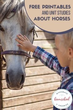 a boy petting a horse with the caption free printables and unit studies about horses