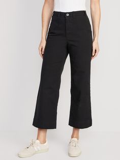 High-Waisted Wide-Leg Cropped Chino Pants for Women | Old Navy Plus Size Basic Outfits, Black Crop Pants, Cropped Wide Leg Trousers, Cropped Chinos, Anthropologie Style, Wear To Work Dress, Black Cropped Pants, Cropped Wide Leg Pants, Linen Blend Pants