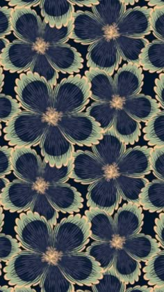 an abstract floral design in blue and green colors on a black background with gold accents