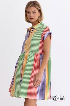 Nothing says spring/summer fun like our Nikki Multi-Color Stripes Shirt Mini Dress. This fun easy dress boasts a delightful array of colors, and the button-down design and side pockets adds practicality while ensuring ease of wear. The inclusion of a lining ensures both comfort and confidence, allowing you to embrace every moment. The allure of this dress lies in its versatility. Whether you're strolling through sun-kissed streets or attending a daytime soirée, pair it with cute wedges, sandals Shirt Mini Dress, Embellished Mini Dress, Cute Wedges, Easy Dress, Wedges Sandals, Mini Shirt Dress, Sleeveless Mini Dress, The Angel, Trim Detail