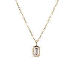 Classic Vvs Clarity Baguette Cut Diamond Necklace, Classic Diamond Baguette Cut Necklace, Classic White Baguette Cut Diamond Necklace, Timeless 14k Gold Diamond Necklace, Elegant Jewelry With Bezel Setting Rectangular Pendant, Timeless 14k Gold Emerald Cut Solitaire Necklace, Classic Diamond White Baguette Cut Necklace, Classic Baguette Cut Diamond Necklace, Classic Yellow Gold Diamond Necklace With Emerald Cut