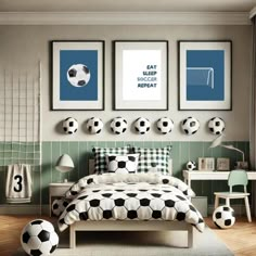 a soccer themed bedroom with posters on the wall