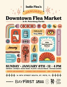 the poster for downtown flea market is shown in white and orange, with an image of various