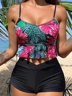 Item Types: 2 piece swimsuit, 2 piece bathing suits with shorts, swimwearNeckline: Scoop NeckLength: ShortSupport Type: Wire FreePads: YesDetail: RufflePattern Type: FlowerBottom Style: Elastic Waist Shorts with Side StringsMaterial: PolyesterMaterial: NylonMaterial: Spandex