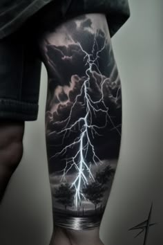 a man's leg with lightning and trees on it