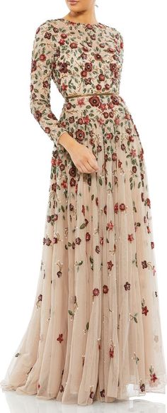 Mac Duggal Floral Sequin A-Line Gown | Nordstrom Wedding Older Bride, Glitter Dresses, Weekend Fashion, Mother Of Groom Dresses, Beautiful Dress Designs, Mob Dresses, Mother Of Groom, Floor Length Gown, Long Sleeve Dresses