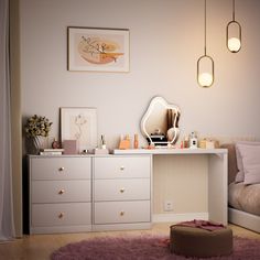 a bedroom with a bed, dresser and mirror on the wall next to a window