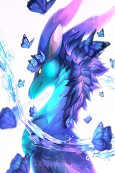 a blue and purple dragon with butterflies around it's neck, surrounded by water