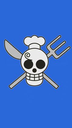 a skull with a chef's hat, fork and knife sitting on top of it