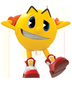 a yellow cartoon character with big eyes and red shoes is in the air, smiling