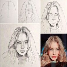 four different drawings of women's faces, one with blue eyes and the other with blonde hair