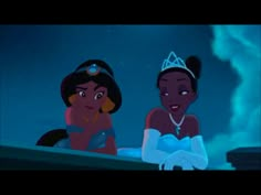 disney's princess and the frog looking at each other in front of a sky background