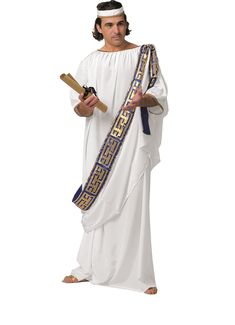 "The Greek God costume consists of: Chiton and Head Ribbon. This majestic Ancient Greek Roman Costume makes a great outfit for any occasion from toga and Greek-themed parties to any kind of carnival and festival event. To make an impressive COUPLES COSTUME team it up with our matching Ancient Goddess Costume that you can find here -> https://etsy.me/3gO701E Our Adult Greek God Costume comes complete with the White Robe Chiton featuring the attached Blue Shoulder Drape which is decorated with God Costume, Greek Toga, Head Ribbon, Greek God Costume, Greek Accessories, Epic Costumes, Roman Costume, Greek Men, Ancient Goddesses