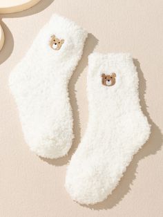 1pair Kids' Cute Cartoon Bear Embroidered Warm Floor Socks - A Must For Autumn And Winter White    Fabric Animal  Medium Stretch  Baby & Kids' Socks & Tights, size features are:Bust: ,Length: ,Sleeve Length: Vogue Kids, Ireland Rugby, Teddy Hoodie, Shein Finds, Cute Cartoon Bear, Girls Sleepwear, Fuzzy Socks, Fabric Animals, Cartoon Bear