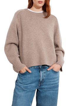 Soft merino wool is a comfort on cold-weather days in this crewneck sweater fashioned with saddle sleeves. 23" length (size Small) Crewneck Long sleeves Ribbed cuffs and hem 100% wool Dry clean Imported Women’s Sweater, Oatmeal Sweater, Neutral Sweaters, London Outfit, Grey Crewneck, Oversized Knitted Sweaters, Merino Wool Sweater, Sweaters Crewneck, Winter 2024