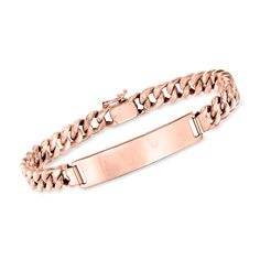 Ross-Simons - C. 1960 Vintage 18kt Rose Gold ID Bracelet. 8". C. 1960. Dating back to the '60s, this sleek Estate collection statement is still relevant today! Our 18kt rose gold style presents a glossy ID bar centered on a blushing curb-link bracelet. Figure 8 safety. Box clasp, 18kt rose gold ID bracelet. Exclusive, one-of-a-kind Estate Jewelry. Jewelry Presentation, Safety Box, Bracelet Box, Id Bracelets, Box Clasp, Figure 8, Bracelets And Charms, Curb Chain, Gold Gold