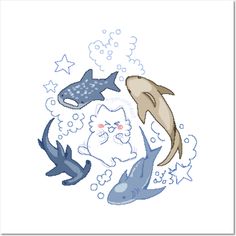 an image of some animals that are in the water with stars and fish around them