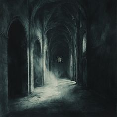 an image of a dark hallway with light coming from the ceiling