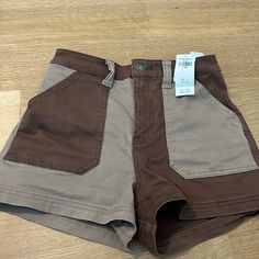 New With Tags Brown Color Block Shorts. High Rise Brown Cotton Bottoms, High Rise Brown Cotton Shorts, Casual High Waist Brown Shorts, Casual High Rise Brown Shorts, Casual Brown High Rise Shorts, Trendy Brown Shorts, Casual High-rise Brown Shorts, Trendy Brown Short Length Bottoms, Trendy Short Length Brown Bottoms