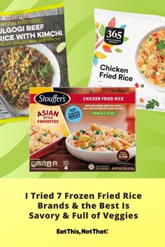 three frozen rice packets are shown in this ad