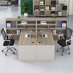 an office with two desks, chairs and bookshelves in the middle of it