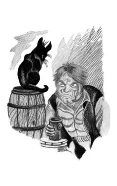 a black cat sitting on top of a barrel next to a drawing of a man