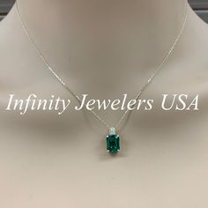 "The pendant pictured is a lab created emerald and diamond #6648 -Approximate total carat weight: approx. 2.55ctw diamond equivalent -Center Stone Size: 9x7mm - approx. 2.50ct diamond equivalent -Center Stone Shape: emerald cut -Gem Type: lab created emerald -Stone Clarity: VS2 -Stone Color: Green -Moh's Scale: 8.5 hardness -Accent Stone Size: round approx. 0.04ct. diamond equivalent -Gem Type: genuine diamond -Stone Clarity: SI1 -Stone Color: G -Moh's Scale: 10 hardness -Metal Type and Purity: Dazzling Emerald Necklace For Anniversary, Formal Moissanite Jewelry For May Birthstone, Formal Emerald Necklace With Diamond For May Birthstone, Formal Gia Certified Emerald Necklace, Classic Cubic Zirconia Emerald Necklace, Classic Emerald Necklace With Diamond For May Birthstone, Emerald Necklace With Diamond Accents For Anniversary, Emerald Pendant Necklace With Diamond Accents For May Birthstone, Gia Certified Sterling Silver Pendant Necklace