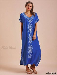 Olivia Mark - Embroidered Beach Cover-Up Dress with Long Robe Style and Bikini Sun Protection in Cotton Casual Floral Embroidered Maxi Dress For Beach, Casual Embroidered Maxi Dress For Vacation, Long Embroidered Summer Cover-up, Summer Long Embroidered Cover-up, Embroidered V-neck Cover-up, Summer Embroidered Short Sleeve Maxi Dress, Embroidered Short Sleeve Maxi Dress For Summer, Summer Embroidered Maxi Dress With Short Sleeves, Casual Embroidered Dresses For Beach Season