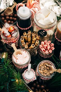 an assortment of candy and marshmallows in glass jars on a christmas tree