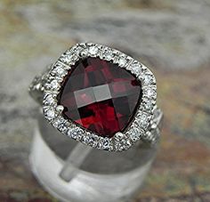 AAAA Red Pyrope Garnet   9x9mm  3.80 Carats   14K White gold diamond (.65ct) Bridal set. BH99 1883 Red Brilliant Cut 14k White Gold Jewelry, Classic Garnet Jewelry With Halo Setting, Heirloom Garnet Jewelry For Anniversary, Red Rose Cut Diamond Wedding Ring, Elegant Red 14k White Gold Jewelry, Elegant Garnet Jewelry With Diamond Accents, Classic Red Jewelry With Diamond Accents, Heirloom Red Jewelry With Diamond Accents, Formal Valentine's Day Jewelry With Center Stone