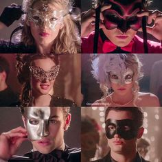 several images of people with masks on their faces and one has a bow tie around his neck