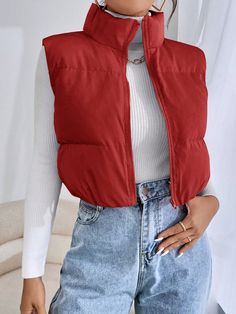 Women's Solid Color Zip-Up Casual Vest Jacket For Winter Red Casual  Sleeveless Fabric Plain vest Non-Stretch  Women Clothing, size features are:Bust: ,Length: ,Sleeve Length: Red Puffer Vest Outfits For Women, Outfit Chaleco Rojo, Red School Outfits, Red Puffer Vest Outfit, Closet Quotes, Red Vest Outfit, Puffer Vest Outfit, Vest Outfits For Women, Plain Vest