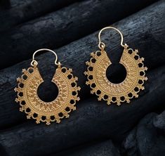 Mandala Hoop Earrings handcrafted in India. Does not get oxidize or rust when in contact with water. Nickel free ﻿Made to Order Diameter 40 mm Handcrafted with brass Ships out within 3–5 business days TRIBAL DESERT Black Cat Superstition, Raffia Crochet, Tragus Hoop, Mandala Earrings, Lotus Earrings, Woven Wall Art, Gem Necklace, Ethnic Earrings, One Clothing