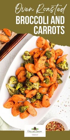 broccoli and carrots on a white platter next to some other food