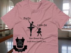 Available in additional adult youth and toddler sizes.  Please visit our shop to see all options.  The color of font can be customized and can accommodate most requests for additional personalization.  Reach out via message for any special requests and I can create what you are looking for.  Reach out for information on making a bulk order for your studio. This t-shirt is everything you've dreamed of and more. It feels soft and lightweight, with the right amount of stretch. It's comfortable and Fitted Custom Print T-shirt For Dance Class, Fitted T-shirt With Name Print For Dance Class, Pink Stretch Tops For Dance, Pink Letter Print T-shirt For Dance Class, Dance Shirt, Ballerina Dance, Dance Gifts, Sister Shirt, Dance Shirts