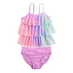 Get her ready for shining sun and rolling waves with this Crochet Triple Tier Tankini & Scoop Bottom swim set from Breaking Waves. Click on this KIDS APPAREL & SHOES GUIDE to find the perfect fit and more! FEATURES 2-piece set includes tankini & scoop bottom Top: Scoopneck, sleeveless, UPF 50+ Bottom: Elastic waistband, UPF 50+FABRIC & CARE Polyester, spandex Lining: 100% Recycled Polyester Hand wash ImportedRESPONSIBLE Contains recycled polyester Tested for harmful substances STANDARD 100 by OE Summer Playwear Sets For Beach Season, Playful Swimwear Set For Summer, Playful Summer Sets For Poolside, Playful Summer Swimming Sets, Playful Sets For Pool And Beach Season, Purple Summer Vacation Sets, Playful Pool Sets For Beach Season, Cute Beach Set For Beach Season, Pink Tankini For Spring Playwear