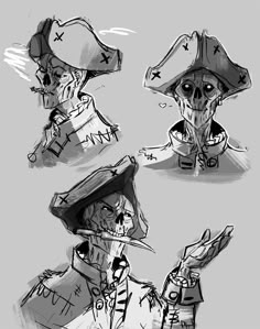 three different sketches of people in pirate hats