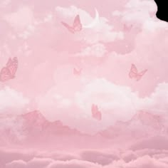 there are many pink butterflies flying in the sky with clouds and moon behind them,