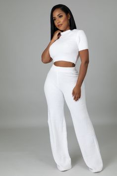 Two piece set Crop top Round neckline Short sleeves Teddy beat material No closure High waisted pants Elastic waistband Teddy bear material Wide legs No closure 95% polyester 5% spandex Hand wash cold Model is wearing a small White Fitted Two-piece Tops Set, Fitted White Two-piece Top Set, White Stretch Two-piece Bottoms, White Stretch Two-piece Set, Fitted Cropped Pant Set Casual, White Fitted Sets With High Waist, Casual Fitted Cropped Pant Set, Fitted White Pants From Matching Set, White Fitted Pants Matching Set