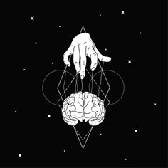 two hands touching each other over a brain in the middle of a black and white background