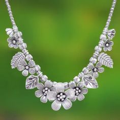 Sterling Silver Flower Motif Pendant Necklace from Thailand - Nature's Miracle | NOVICA Silversmithing Jewelry, Feminine Necklace, Silver Beaded Necklace, Floral Pendant Necklace, Silver Flower Necklace, Floral Bracelet, Silver Bead Necklace, Beaded Pendant Necklace, Floral Pendant