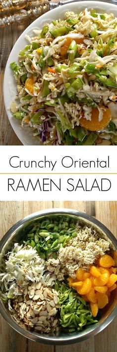 Crunchy Oriental Ramen Salad using coleslaw mix and ramen noodles! This retro Asian inspired salad is always a hit! Different Types Of Salads, Types Of Salads, Asian Inspired Salad, Ramen Salad, Resep Salad, Yummy Salads, Cold Salad, Ramen Recipes, Coleslaw Mix