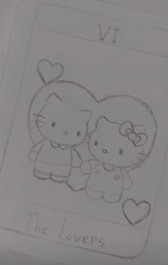 a drawing of two hello kittys with hearts