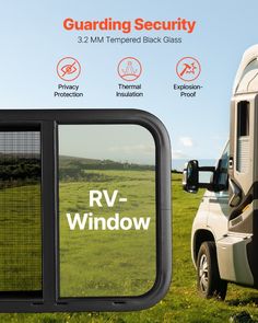 an rv window with the words rv - windows on it in front of a truck