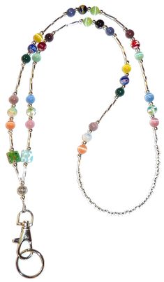 a multicolored beaded necklace on a silver chain with a pair of scissors