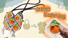 an orange crochet bag is being held up by a person's hand