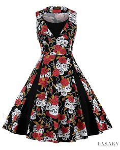 Lasaky - Classic Vintage Autumn Dress with Flared Hem and Skull Patchwork Mode Rockabilly, Rockabilly Mode, Rockabilly Party, Vintage Halloween Party, Retro Inspired Fashion, Goth Victorian, Goth Vampire, Vestidos Retro, Bride Costume