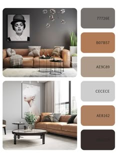 the living room is painted in shades of brown, beige and grey with black accents