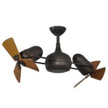 a ceiling fan with three wooden blades and two lights on each side, in an industrial style